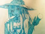  1girl erere food hat idolmaster idolmaster_cinderella_girls jewelry long_hair looking_at_viewer monochrome necklace popsicle shibuya_rin sketch solo sun_hat traditional_media 