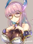  1girl breasts brown_eyes glasses horns impossible_clothes juri_(p&amp;d) large_breasts long_hair marshmallow_mille pink_hair pursed_lips puzzle_&amp;_dragons solo upper_body 