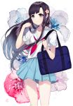  1girl bag black_eyes black_hair blush chapu flower hair_flower hair_ornament idolmaster idolmaster_cinderella_girls kobayakawa_sae long_hair school_uniform serafuku smile solo 