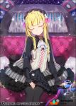  1girl artist_name bench black_legwear blonde_hair car_interior closed_eyes cup dress drinking_glass flower hair_flower hair_ornament hakusai_(tiahszld) head_tilt long_hair long_sleeves maid_headdress pantyhose pillow qurare_magic_library sitting solo white_flower wine_glass 