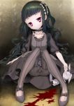  1girl black_hair blood hardgore_alice mahou_shoujo_ikusei_keikaku on_ground pink_eyes polpol sitting solo striped striped_legwear stuffed_animal stuffed_toy vertical-striped_legwear vertical_stripes 