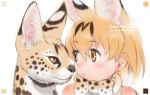  1girl 2016 animal_ears blonde_hair bow cat_ears copyright_name kemono_friends looking_at_another serval serval_(kemono_friends) short_hair upper_body yellow_eyes yoshizaki_mine 