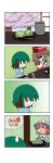  4girls 4koma ^_^ absurdres animal_ears blush_stickers brown_hair cherry_blossoms chopsticks closed_eyes comic cup drinking eating food gradient gradient_background green_hair hat highres kasodani_kyouko lily_white long_sleeves lyrica_prismriver mob_cap mochi multiple_girls pink_hair plate rakugaki-biyori rumia saigyouji_yuyuko short_hair silent_comic sliding_doors solid_oval_eyes spoken_person steam sweatdrop table touhou triangular_headpiece wagashi yunomi 