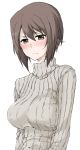  1girl bangs blush brown_eyes brown_hair casual closed_mouth elf_(stroll_in_the_woods) embarrassed girls_und_panzer highres light_frown long_sleeves looking_at_viewer nishizumi_maho ribbed_shirt shirt short_hair simple_background solo standing turtleneck upper_body white_background white_shirt 