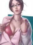  1girl bikini bikini_top blue_eyes bra breasts brown_hair dress_shirt glasses highres jey_rain large_breasts lips open_clothes open_shirt pink_bra realistic shirt short_hair solo swimsuit underwear undressing 