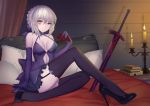  1girl bare_shoulders black_hair blonde_hair book breasts candelabra cleavage dark_excalibur dress elbow_gloves fate/stay_night fate_(series) garter_straps gloves headboard headphones_removed high_heels highres magician_(china) medium_breasts no_bra on_bed saber saber_alter solo stiletto_heels sword tattoo thigh-highs weapon 