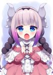  1girl bangs beads blue_eyes blunt_bangs blush capelet dragon_girl dragon_horns dragon_tail dress eyebrows_visible_through_hair hair_beads hair_ornament hairband highres horns kanna_kamui kobayashi-san_chi_no_maidragon long_hair looking_at_viewer multicolored_hair open_mouth sh_(562835932) silver_hair simple_background slit_pupils solo tail twintails 