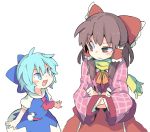  &gt;:d 2girls :d ascot blue_bow blue_dress blue_eyes blue_hair blush bow brown_eyes brown_hair cirno dress hair_between_eyes hair_bow hair_tubes hakurei_reimu looking_at_another looking_up moyazou_(kitaguni_moyashi_seizoujo) multiple_girls open_mouth pink_coat puffy_short_sleeves puffy_sleeves red_ascot red_bow red_skirt scarf short_hair short_sleeves sidelocks skirt smile snowman touhou uneven_eyes upper_body white_background wide_sleeves yellow_ascot yellow_scarf 