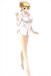  1girl barefoot blonde_hair blue_eyes bra breasts cleavage collarbone dorifutogaazaru dress_shirt full_body large_breasts lipstick looking_at_viewer maaji makeup official_art panties red_lipstick school_uniform shirt short_hair solo underwear white_panties white_shirt 