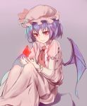  1girl bat_wings crystal hat lavender_hair mob_cap puffy_short_sleeves puffy_sleeves radiosity_(yousei) red_eyes remilia_scarlet ribbon shirt short_hair short_sleeves sitting skirt skirt_set solo sparkle touhou vampire wings wrist_cuffs 