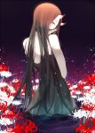  1girl back bare_shoulders battleship_hime black_dress black_hair dress floral_background flower horns kantai_collection long_hair looking_at_viewer looking_back parted_lips ping_(0723) red_eyes shinkaisei-kan solo spider_lily very_long_hair water 
