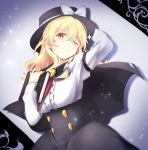  1girl blonde_hair book bow buttons cape cosplay hair_bow hand_on_headwear hat hat_bow hat_ribbon high-waist_skirt highres long_hair maribel_hearn necktie one_eye_closed ribbon shimishimi15 skirt smile solo sparkle touhou usami_renko usami_renko_(cosplay) yellow_eyes 