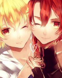  1boy alexander_(fate/grand_order) blonde_hair braid child child_gilgamesh fate/grand_order fate/hollow_ataraxia fate_(series) fingerless_gloves gilgamesh gloves heart highres interlocked_fingers male_focus multiple_boys one_eye_closed red_eyes single_braid smile younger 