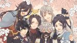  6+boys ^_^ animal animal_on_head aqua_eyes armor black_gloves black_hair blue_eyes brown_hair cherry_blossoms closed_eyes earrings eclairant fox fox_shadow_puppet gloves grin hand_on_another&#039;s_shoulder horikawa_kunihiro izumi-no-kami_kanesada japanese_armor japanese_clothes jewelry kashuu_kiyomitsu male_focus menpoo mole mole_under_eye mole_under_mouth multiple_boys nakigitsune nakigitsune&#039;s_fox necktie on_head one_eye_closed open_mouth partly_fingerless_gloves ponytail red_eyes scarf smile stud_earrings touken_ranbu tsurumaru_kuninaga white_hair yamato-no-kami_yasusada yellow_eyes 