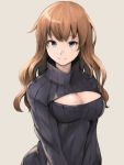  1girl arms_at_sides bangs black_sweater blue_eyes breasts brown_background brown_hair center_opening cleavage cleavage_cutout eyebrows_visible_through_hair koretsuki_aduma large_breasts long_hair looking_at_viewer meme_attire open-chest_sweater original parted_lips ribbed_sweater simple_background smile solo sweater turtleneck turtleneck_sweater upper_body wavy_hair 