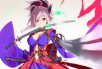  1girl asymmetrical_hair blue_eyes blurry breasts cleavage depth_of_field earrings fate/grand_order fate_(series) hair_ornament highres japanese_clothes jewelry katana kimono large_breasts long_hair long_sleeves looking_at_viewer magatama miyamoto_musashi_(fate/grand_order) navel over_shoulder perspective pink_hair pointing_sword poligon_(046) ponytail sheath sheathed simple_background smile solo sword sword_over_shoulder unsheathed weapon weapon_over_shoulder 
