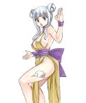  1girl bare_hips blue_eyes breasts fairy_tail groin large_breasts looking_at_viewer mashima_hiro mirajane_strauss official_art open_mouth pelvic_curtain sash short_hair_with_long_locks sideboob sidelocks silver_hair simple_background solo stance tattoo white_background wrist_cuffs 