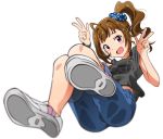  1girl ahoge akizuki_ritchan blurry blush breasts brown_hair depth_of_field double_w highres idolmaster idolmaster_million_live! long_hair looking_at_viewer open_mouth scrunchie shoes side_ponytail simple_background smile solo sweat violet_eyes w white_background yokoyama_nao 