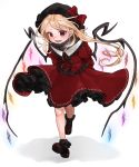  1girl adapted_costume arms_behind_back black_legwear blonde_hair breath brown_shoes flandre_scarlet full_body gotoh510 hat hat_ribbon highres leaning_forward looking_at_viewer mob_cap pointy_ears red_eyes red_ribbon red_skirt ribbon scarf shoes skirt smile socks solo touhou walking wings 