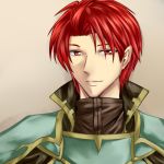  1boy aiden_(formalhauto2) armor bangs collar fire_emblem fire_emblem:_seima_no_kouseki grey_background looking_at_viewer male_focus pauldrons red_eyes redhead seth_(fire_emblem) shirt short_hair simple_background smile solo 
