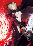  1girl armor artoria_pendragon_alter_(fate/grand_order) bangs black_leotard blonde_hair breasts center_opening cleavage fate/grand_order fate_(series) highres horse horseback_riding kouzuki_kei large_breasts leotard looking_at_viewer parted_lips pauldrons red_background riding saber saber_alter solo teeth under_boob yellow_eyes 