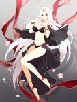  1girl anklet bare_legs bare_shoulders barefoot bikini black_bikini bracelet breasts capelet cleavage collarbone fate/zero fate_(series) full_body gekka_nanako groin hair_intakes highres irisviel_von_einzbern jewelry large_breasts long_hair looking_at_viewer navel parted_lips red_eyes sarong solo swimsuit very_long_hair white_hair 