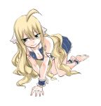  1girl ahoge all_fours ankle_cuffs barefoot blonde_hair blue_dress breasts cleavage collarbone dress fairy_tail feet green_eyes hair_between_eyes long_hair looking_at_viewer mashima_hiro mavis_vermilion official_art pleated_dress simple_background small_breasts smile solo very_long_hair white_background wrist_cuffs 