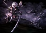  1girl black_dress black_gloves black_legwear blindfold breasts cleavage copyright_name dress gloves groin hairband high_heels holding holding_sword holding_weapon katana lalil-le nier_(series) nier_automata pod_(nier_automata) short_hair squatting sword thigh-highs water weapon yorha_no._2_type_b 