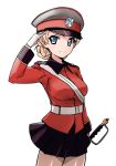  1girl aegis_(nerocc) bangs belt black_skirt blonde_hair blue_eyes braid closed_mouth cowboy_shot darjeeling formal girls_und_panzer gloves hat jacket long_sleeves looking_at_viewer military military_hat military_uniform miniskirt pantyhose peaked_cap pleated_skirt red_hat red_jacket saber_(weapon) salute short_hair shoulder_belt simple_background skirt smile solo st._gloriana&#039;s_(emblem) standing sword tied_hair twin_braids uniform weapon white_background white_gloves 