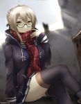  1girl ahoge black-framed_eyewear black_legwear blonde_hair blurry depth_of_field fate/grand_order fate_(series) glasses heroine_x heroine_x_(alter) jacket legs_crossed looking_at_viewer plaid plaid_scarf red_scarf saber scarf school_uniform semi-rimless_glasses solo somechime_(sometime1209) thigh-highs under-rim_glasses yellow_eyes 