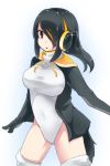  1girl black_hair breasts brown_eyes emperor_penguin_(kemono_friends) hair_over_one_eye headphones highlights highres hood hoodie kemono_friends large_breasts legs_apart leotard long_hair looking_at_viewer multicolored_hair open_clothes open_hoodie parted_lips shioya_mutsu simple_background solo sparkle thigh-highs thighs turtleneck white_background white_legwear white_leotard 