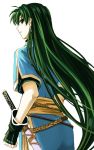  1girl alternate_hairstyle delsaber earrings fingerless_gloves fire_emblem fire_emblem:_rekka_no_ken gloves green_eyes green_hair hair_down jewelry long_hair lyndis_(fire_emblem) side_slit simple_background solo sword very_long_hair weapon white_background 