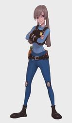  1girl badge brown_eyes brown_hair crossed_arms grey_background hair_between_eyes highres humanization jey_rain judy_hopps police police_uniform policewoman simple_background smile solo uniform zootopia 