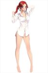  1girl arm_behind_back arm_up barefoot blue_eyes breasts cleavage collarbone dorifutogaazaru dress_shirt full_body long_hair looking_at_viewer medium_breasts official_art open_clothes open_shirt panties ponytail redhead sara_(dori) shiny shiny_skin shirt simple_background solo underwear white_background white_panties white_shirt 