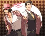  2017 2boys alternate_costume belt brown_hair collarbone dress_shirt enjouji_michiru fedora green_eyes hat idolmaster idolmaster_side-m koutake_hiroyoshi leaning_forward multiple_boys necktie pectorals pinstripe_pattern shingen_seiji shirt valentine violet_eyes waistcoat yellow_necktie 