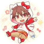  1boy :d alternate_costume animal_hood beamed_quavers candy cat_hood chains chibi ensemble_stars! food fruit gold_chain hair_between_eyes hello_kitty hood hoodie jacket lowres male_focus midriff_peek morisawa_chiaki musical_note nayuta_(charinkoo) open_clothes open_jacket open_mouth outstretched_arm red_eyes sash smile strawberry 