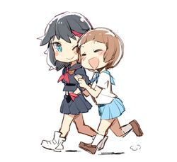  2girls black_hair blush bob_cut brown_hair brown_shoes chibi closed_eyes gebyy-terar kill_la_kill mankanshoku_mako matoi_ryuuko midriff multicolored_hair multiple_girls one_eye_closed pleated_skirt redhead school_uniform senketsu serafuku shoes short_hair skirt smile suspenders two-tone_hair white_shoes yuri 