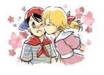  1boy 1girl ana_(mother) black_hair blonde_hair blue_eyes blush bow cheek_kiss closed_eyes dress emcee hair_bow kiss mother_(game) mother_1 neckerchief ninten one_eye_closed pink_dress shirt sideways_hat striped striped_shirt twintails 