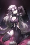  bare_shoulders barefoot chains collar elbow_gloves fate/grand_order fate_(series) fur_trim gloves highres jeanne_alter long_hair navel ruler_(fate/apocrypha) ruler_(fate/grand_order) silver_hair skull smirk sword tebd_menkin thigh-highs weapon yellow_eyes 