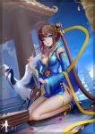  1girl bird blue_eyes breasts brown_hair china_dress chinese_clothes cleavage detached_sleeves dress highres kneeling long_hair looking_at_viewer solo thighlet twintails wangchuan_de_quanyan 