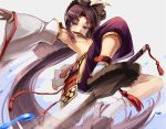  1girl asymmetrical_legwear black_hair blue_eyes breasts commentary_request detached_sleeves fate/grand_order fate_(series) from_below long_hair midair outstretched_arm side_ponytail solo speed_lines sue_sgr_u sword ushiwakamaru_(fate/grand_order) very_long_hair water water_drop weapon 