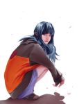  1girl bangs highres hyuuga_hinata jey_rain lips long_hair looking_at_viewer naruto parted_lips petals sandals shadow solo squatting 