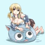  1girl arm_support barefoot black_eyes black_skirt blonde_hair blue_background breast_press breasts cleavage collarbone detached_sleeves eyebrows_visible_through_hair fairy_tail feet hair_between_eyes happy_(fairy_tail) kneeling large_breasts long_hair looking_at_viewer lucy_heartfilia mashima_hiro miniskirt official_art ribbon signature simple_background skirt solo tattoo twintails white_ribbon 