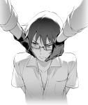  1boy arms_behind_back blush boku_dake_ga_inai_machi collarbone fujinuma_satoru glasses gloves greyscale hands_on_another&#039;s_face jumping_dogeza long_sleeves looking_away male_focus monochrome short_sleeves simple_background sleeves_rolled_up solo_focus sweat wavy_mouth white_background yashiro_gaku 