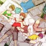  5boys black_hair blue_hair brown_hair dakimakura_(object) drooling ensemble_stars! futon lying morisawa_chiaki multiple_boys nagumo_tetora nayuta_(charinkoo) off_shoulder on_stomach pillow purple_hair ryuuseitai saliva sengoku_shinobu shaded_face shinkai_kanata sleeping takamine_midori tank_top tatami 