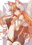  1girl angel angel_wings animal_ears arms_at_sides ass bangs blonde_hair blue_eyes blush bodysuit breasts cleavage cowboy_shot crotch_seam elbow_gloves eyebrows_visible_through_hair feathered_wings gloves hair_between_eyes hands_on_own_chest head_wings highres large_breasts long_hair looking_at_viewer maru-pen original parted_lips solo thigh-highs thighs very_long_hair white_gloves white_leotard white_wings wings 
