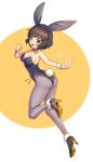  1girl akiyama_yukari animal_ears ass black_leotard boots bow bowtie breasts brown_eyes brown_hair bunny_tail bunnysuit cleavage detached_collar fake_animal_ears from_behind fur-trimmed_boots fur_trim girls_und_panzer grey_legwear highres ikomochi leotard looking_at_viewer looking_back medium_breasts open_mouth pantyhose rabbit_ears short_hair solo tail v wrist_cuffs yellow_bow yellow_bowtie 