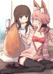  2girls :d animal_ears black_legwear blush bra brown_eyes brown_hair casual commentary_request fang fate/extra fate/extra_ccc fate_(series) fox_ears fox_tail hair_brush highres hood hoodie jewelry kishinami_hakuno_(female) kyuri long_hair multiple_girls necklace open_clothes open_hoodie open_mouth pink_eyes pink_hair profile red_bra shirt sketch smile striped_hoodie t-shirt tail tail_brushing tamamo_(fate)_(all) tamamo_no_mae_(fate) thigh-highs underwear 
