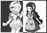  2girls agenasu hand_holding hardgore_alice long_hair mahou_shoujo_ikusei_keikaku monochrome multiple_girls short_hair smile snow_white_(mahoiku) 