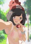  1girl armpit_peek armpits beanie black_hair blurry bra_slip commentary_request day depth_of_field eyebrows_visible_through_hair female_protagonist_(pokemon_sm) hat holding holding_poke_ball kaisen_chuui open_mouth outstretched_arm poke_ball pokemon pokemon_(game) pokemon_sm red_hat self_shot short_hair solo upper_body z-ring 